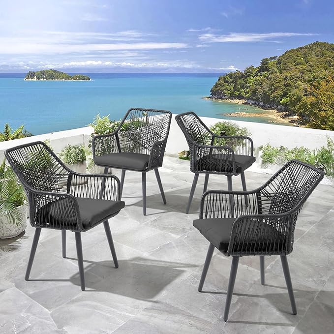 Patiorama Patio Dining Chair Set of 6,Woven Rope Outdoor Dining Chairs w/Steel Frame,All-Weather Twisted Rattan Chairs w/Armrest & Cushion,Outdoor Dining Wicker Chairs for Backyard Garden(Dark Grey)