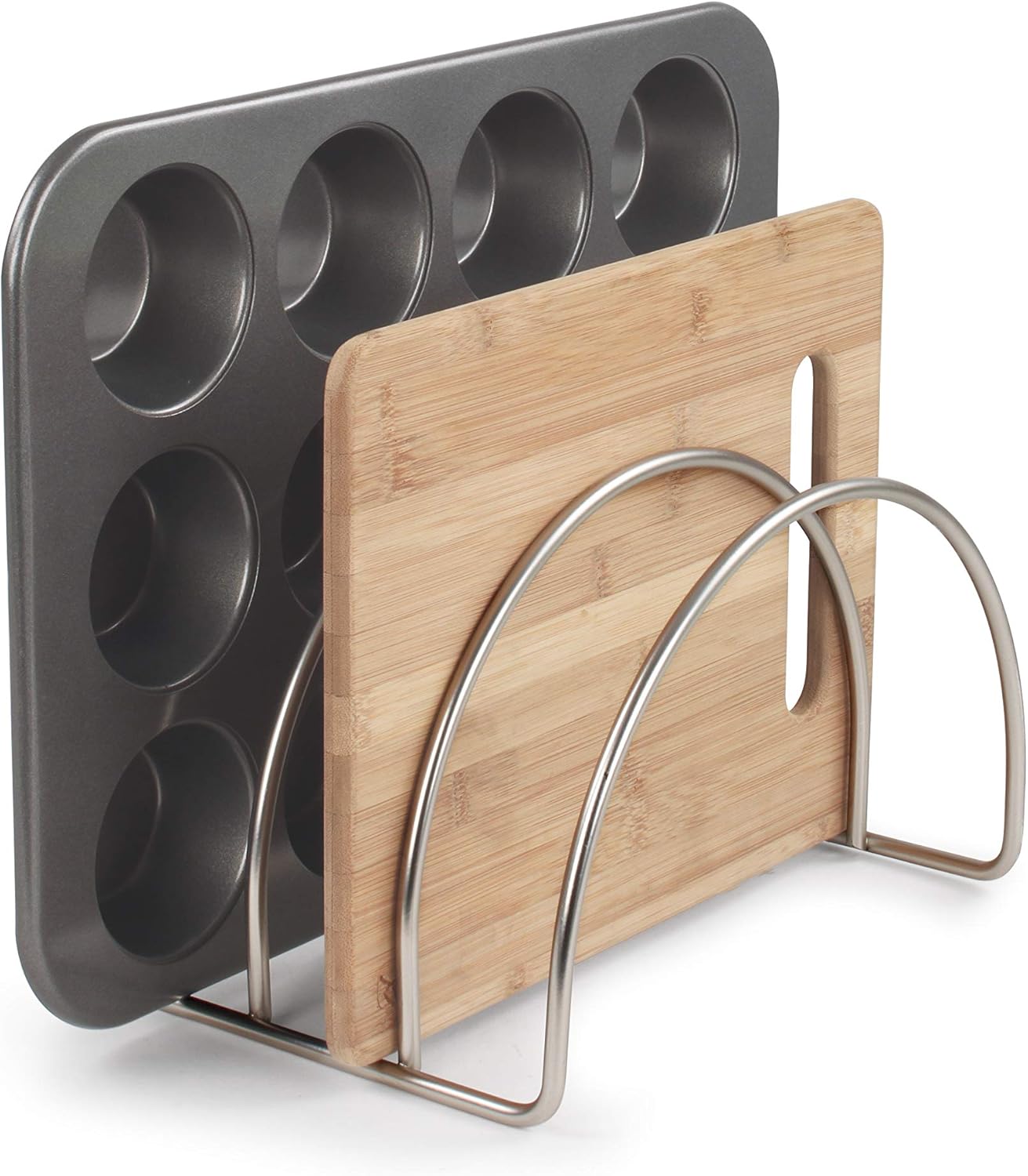 Spectrum Kitchen Cabinet Organizer for Plates and Bowls Satin Nickel Arch 3 Slot Cabinet Organizer for Dishes Plates Cutting Boards Cookie Sheets Trays, Lid Organizer Rack for Kitchen Storage