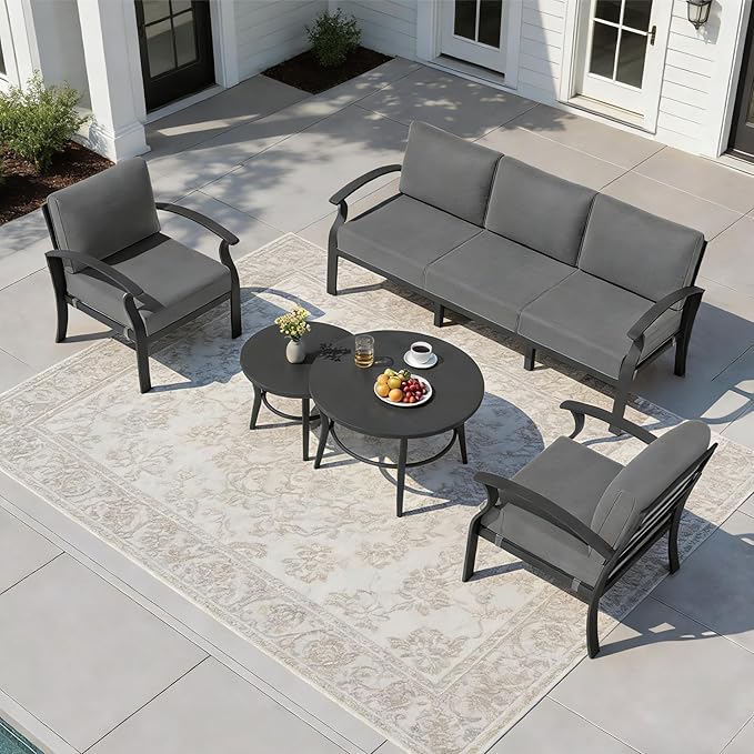 RTDTD Aluminum Outdoor Patio Furniture Set,5 Seats Patio Conversation Sets with 2 Round Coffee Tables,Metal Patio Sectional Furniture Set with 5.1" Thickened Cushions,Grey