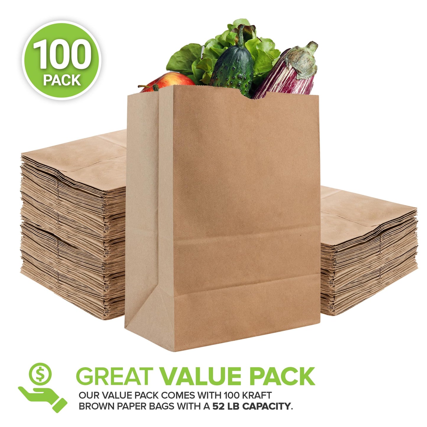 Stock Your Home 52 lb Kraft Brown Paper Bags (100 Count) – Bulk Large Grocery Bags for Shopping