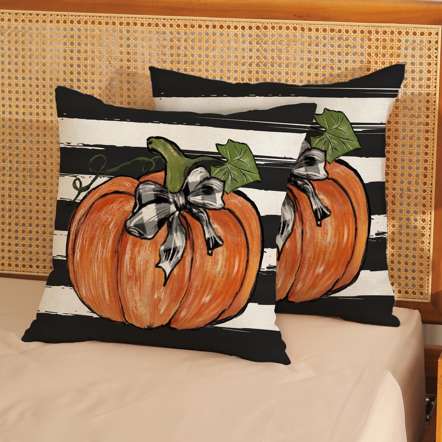 Gohdiwh Fall Pillow Covers 18x18 Set of 2 Pumpkin Maple Leaves and Stripes Fall Decor Pillowcase Linen Autumn Thanksgiving Decorative Outdoor Throw Pillow Covers Farmhouse Cushion Case for Couch Home