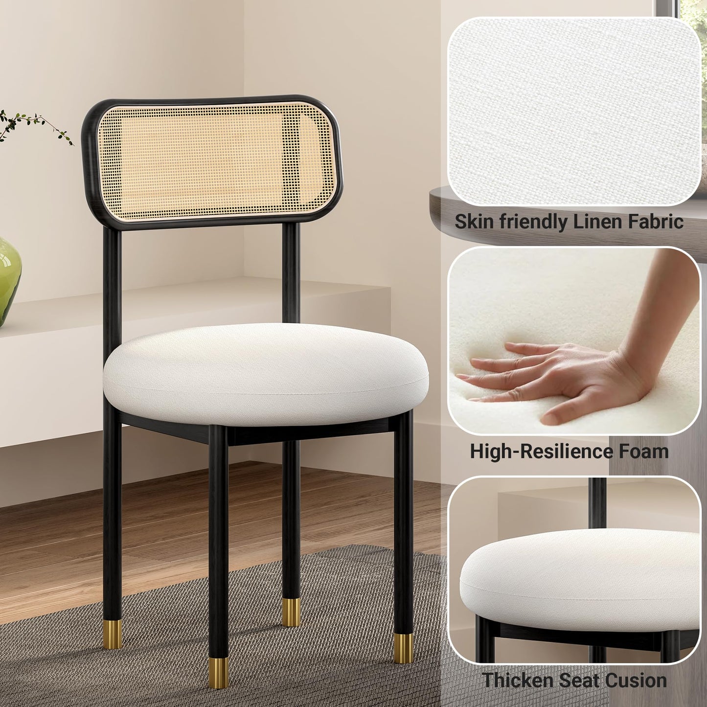 HoeuThien Upholstered Rattan Dining Chairs Set of 4, Mid Century Modern Kitchen Chairs with Curved Back and Solid Wood Legs Armless Accent Chair for Living Room Bedroom Restaurant, Black/White Linen
