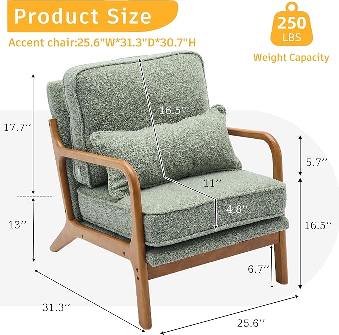 SEYNAR Mid-Century Accent Chair, Sherpa Fabric Lounge Chair with Wide Armrest,13-16.5'' Low Seat Height Armchair with Lumbar Pillow & Solid Wood Frame for Living Room, Bedroom, Balcony(Mint Green)