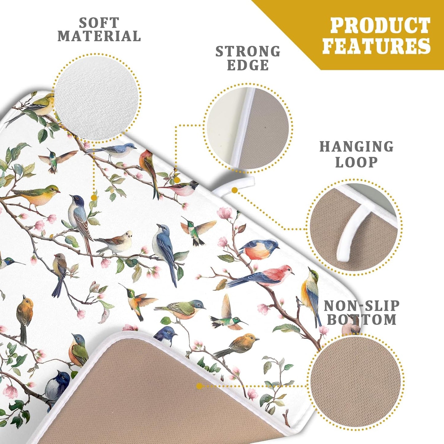 Floral Bird Dish Drying Mat for Kitchen Counter 16x18 Inch Spring Summer Bird Branch Flower Absorbent Reversible Microfiber Dish Pad Dish Drainer Rack Mats Countertops Protector Mat