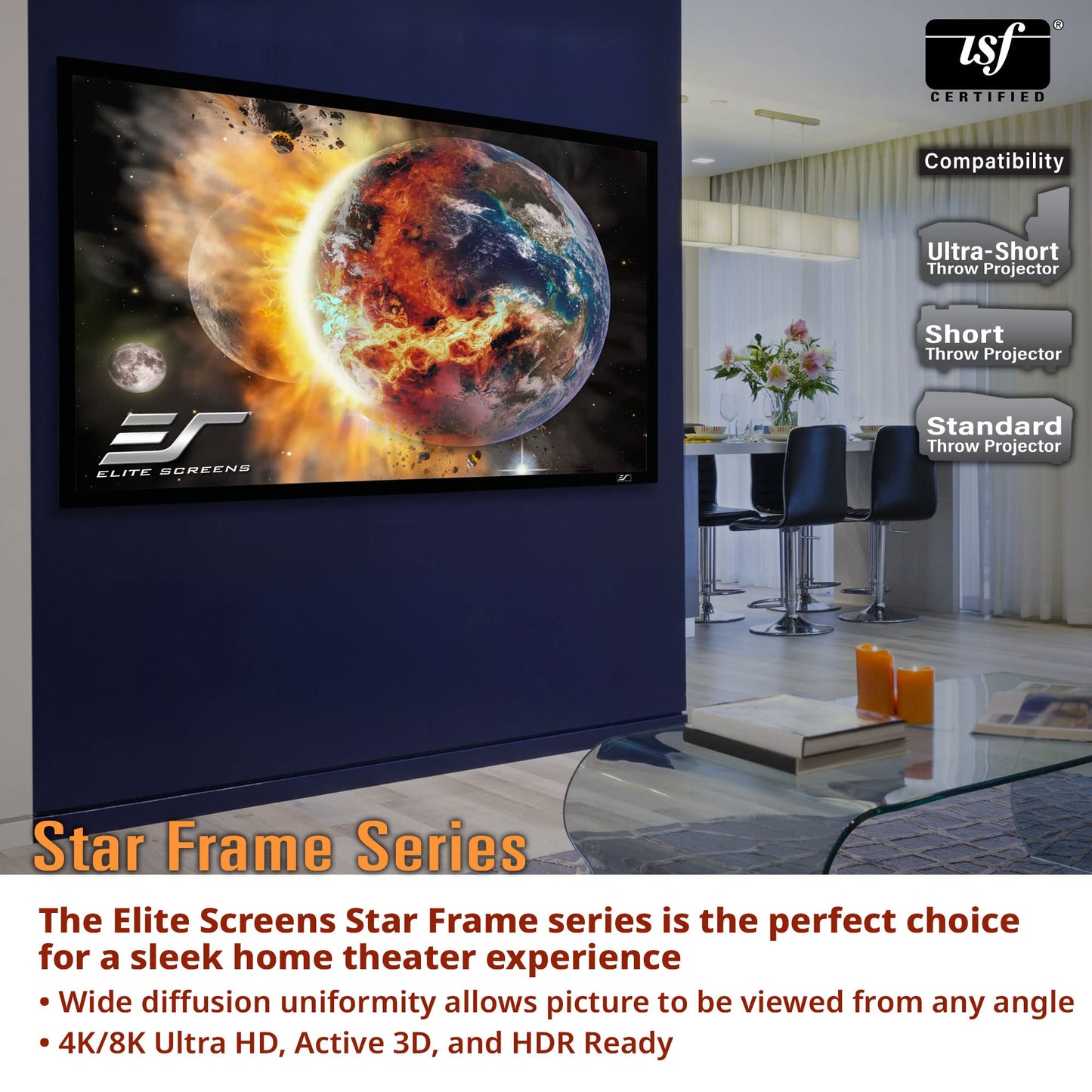 Elite Screens 135" Fixed Frame Projector Screen, Wall Mount, ISF Certified CineWhite UHD-B, Works with Standard, Short Throw & UST Projectors, SF135HW2
