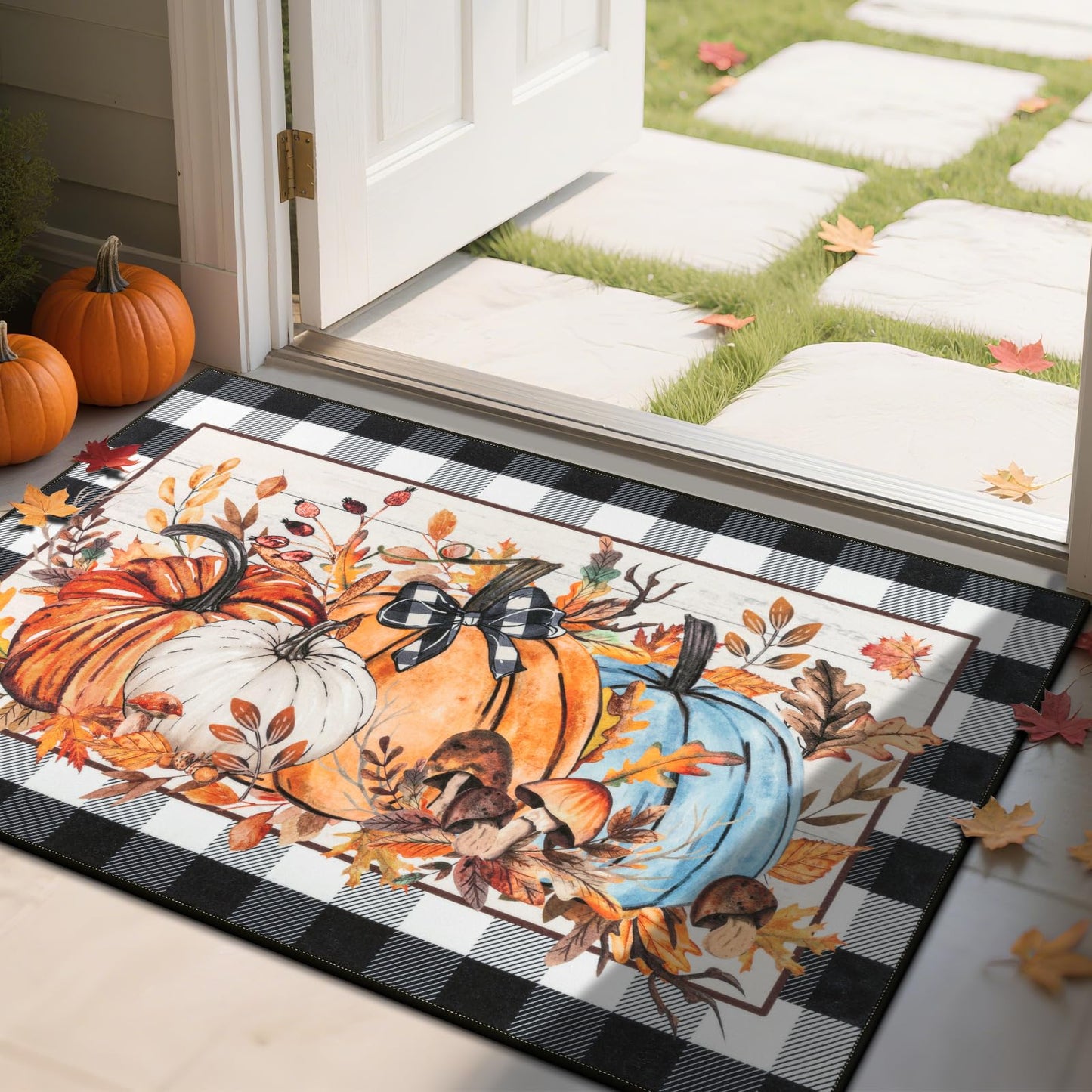 SHACOS Fall Orange and Blue Pumpkin Rugs 32x48 Buffalo Plaid Leaves Autumn Harvest Front Door Mat Non-Slip Entrance Floor Mat Thanksgiving Day Decorations for Home, 2'8" x 4'