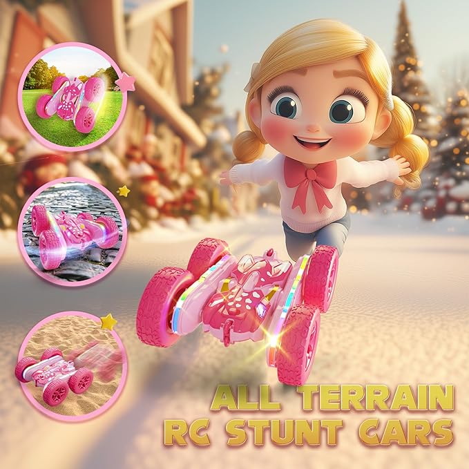 Remote Control Car for Girls, Pink RC Cars Stunt RC Car Girl Toys for Girls Double-Sided 360° Rotating with Headlights 4WD Kid Toys for Birthday Gifts (Pink)
