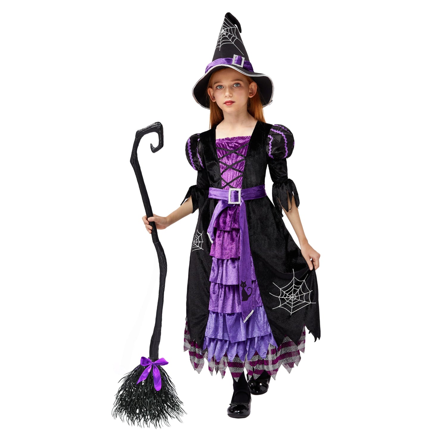 Spooktacular Creations Halloween Fairytale Witch Dress for Kids, Girls Cute Witch Costume Deluxe Set with Broom for Toddler Halloween Role Play Parties, Purple (S 5-7yrs)