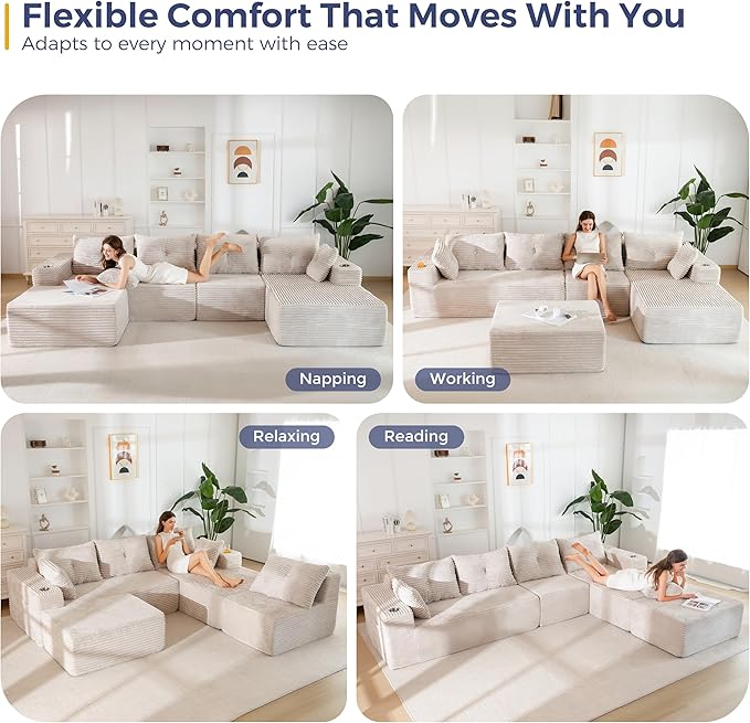 MAXYOYO 132" Giant U-Shaped Modular Sectional Couch, Modern Boneless Couch for Living Room, Sofa in A Box, Oversized Sofa Sleeper with Deep Seat, No Assembly Required, Grayish Beige