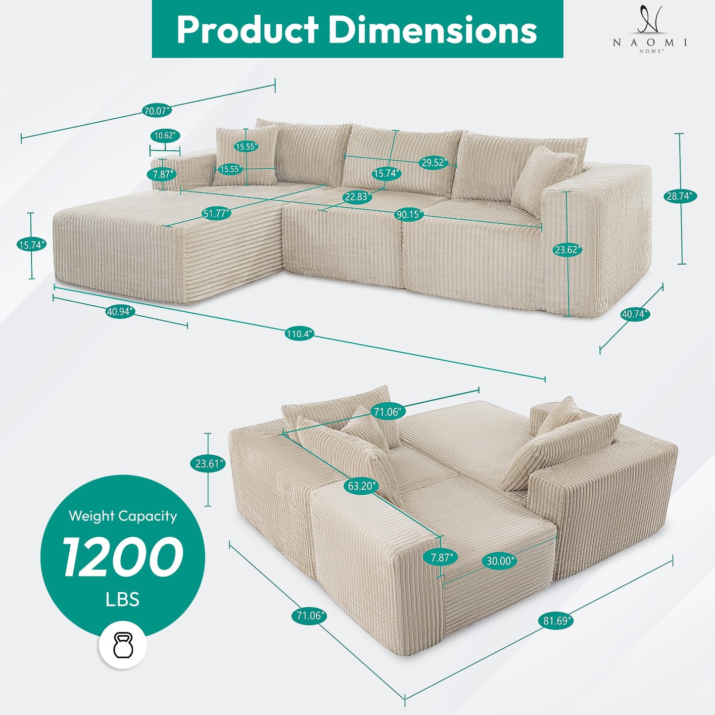Naomi Home Pamela 110" Boneless Cloud Couch L Shaped Modular Sectional Sofa with Chaise, Deep Seat Comfy Corduroy Couch for Living Room, Sag-Free Foam, Pet Friendly, No Assembly Beige