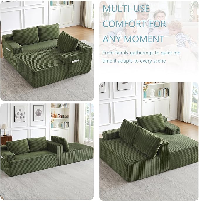 96" Cloud Sectional Couch with L-Shape Chaise, Modern Corduroy Boneless Couch for Living Room,Memory Foam Sofa with Deep Seat,No Assembly Required (Green,Right-Facing Chaise)