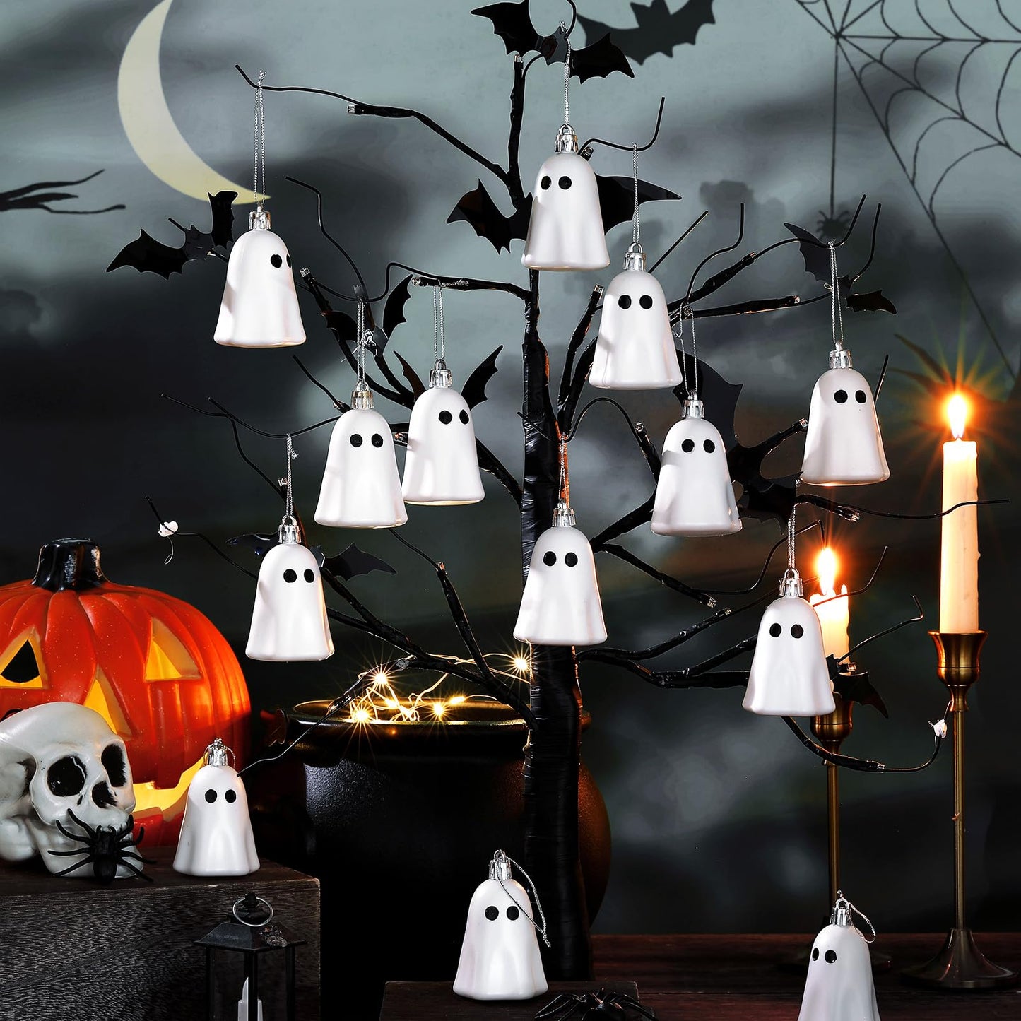 Tigeen 12 Pcs Halloween Hanging Ornaments Cute Ghost Decoration Halloween Tree Decoration Plastic Decorative Mini Ghost Ornaments for Christmas Home Tree Party Supplies (White)