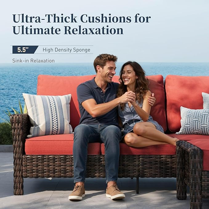 SUNSHINE VALLEY Patio Furniture Set with Swivel Chairs, High Back Wicker Rattan Furniture with 5.5" Thick Cushions and Coffee Table, Outdoor Conversation Set for Backyard Deck, 5 Seats, Red