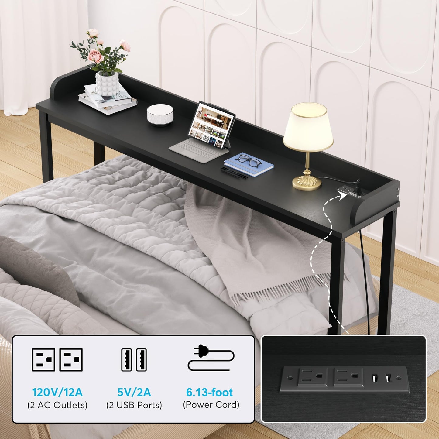 Ytaoka Overbed Table with Wheels, 70.8" Queen Size Bed Table Over the Bed Table with Charging Station, Rolling Laptop Table Over Bed Desk with 2 AC Outlets and 2 USB Ports for Home and Hospital, Black