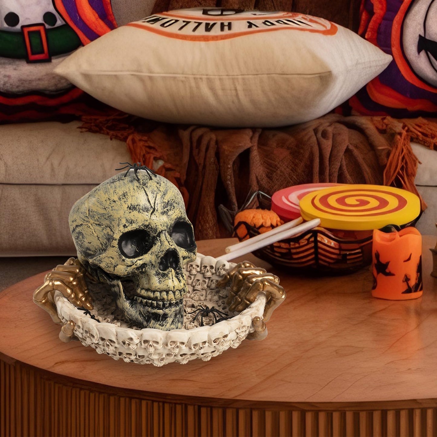 caiydramy Halloween Candy Dish with Hand, 10.6" Large Resin Decorative Skull Bowl, Spooky Skeleton Serving Dish for Kitchen Home Table Decorations, Halloween Gifts Decor