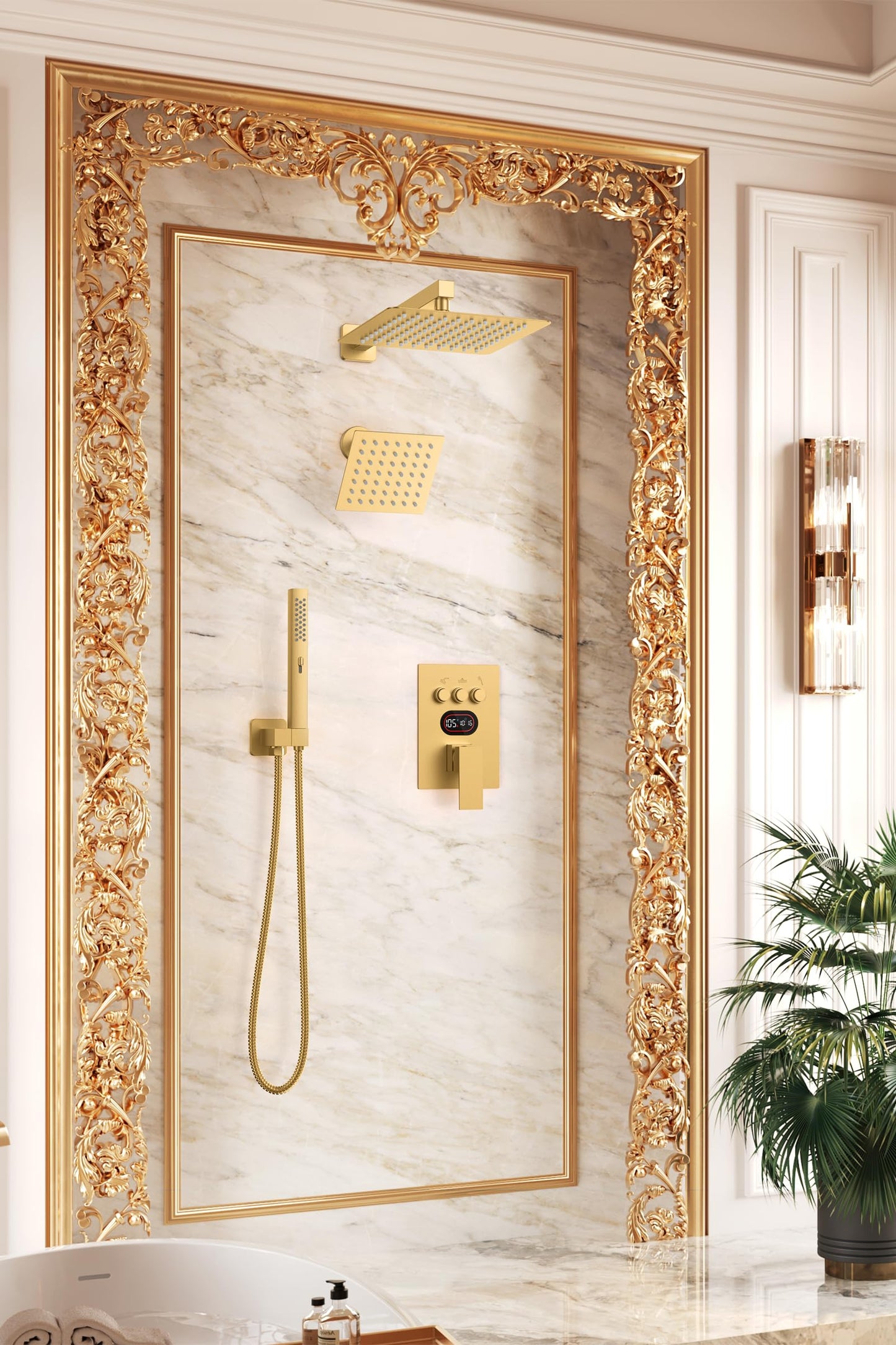 Push Button Diverter Shower Faucet Set Hydro Power Temperature Display, Shower System Wall Mounted 10" & 6" Shower Head with 3-Spary Handheld, Shower Fixtures with Valve and Trim Kit, Brushed Gold
