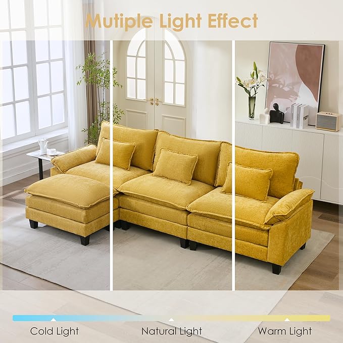 URRED Cloud Couch Modular Sectional Sofa, 122'' Modern L Shaped Deep Seat Sofa with Ottoman & Pillows, Ultra Comfy Chenille Couches for Living Room, Bedroom or Apartment. Yellow