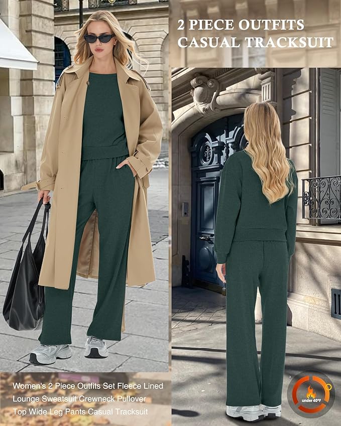 Sweetyweee Women's 2 Piece Outfits Set Fleece Lined Lounge Sweatsuit Crewneck Pullover Top Wide Leg Pants Casual Tracksuit