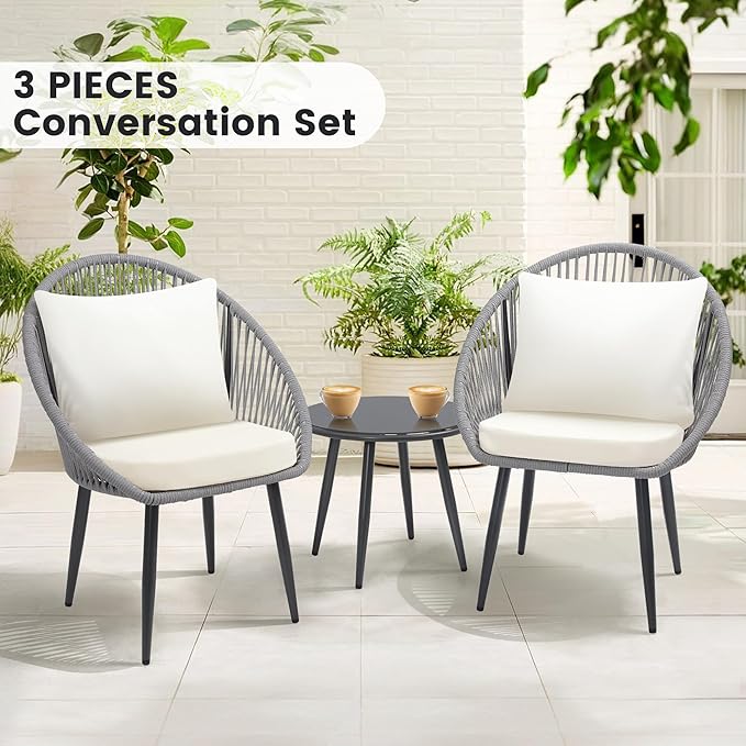 wildformers 3 Pieces Bistro Set, Woven Rope Chair with Cushions, All Weather Patio Conversation Set and Side Table, Ideal for Deck, Balcony, Poolside, Grey