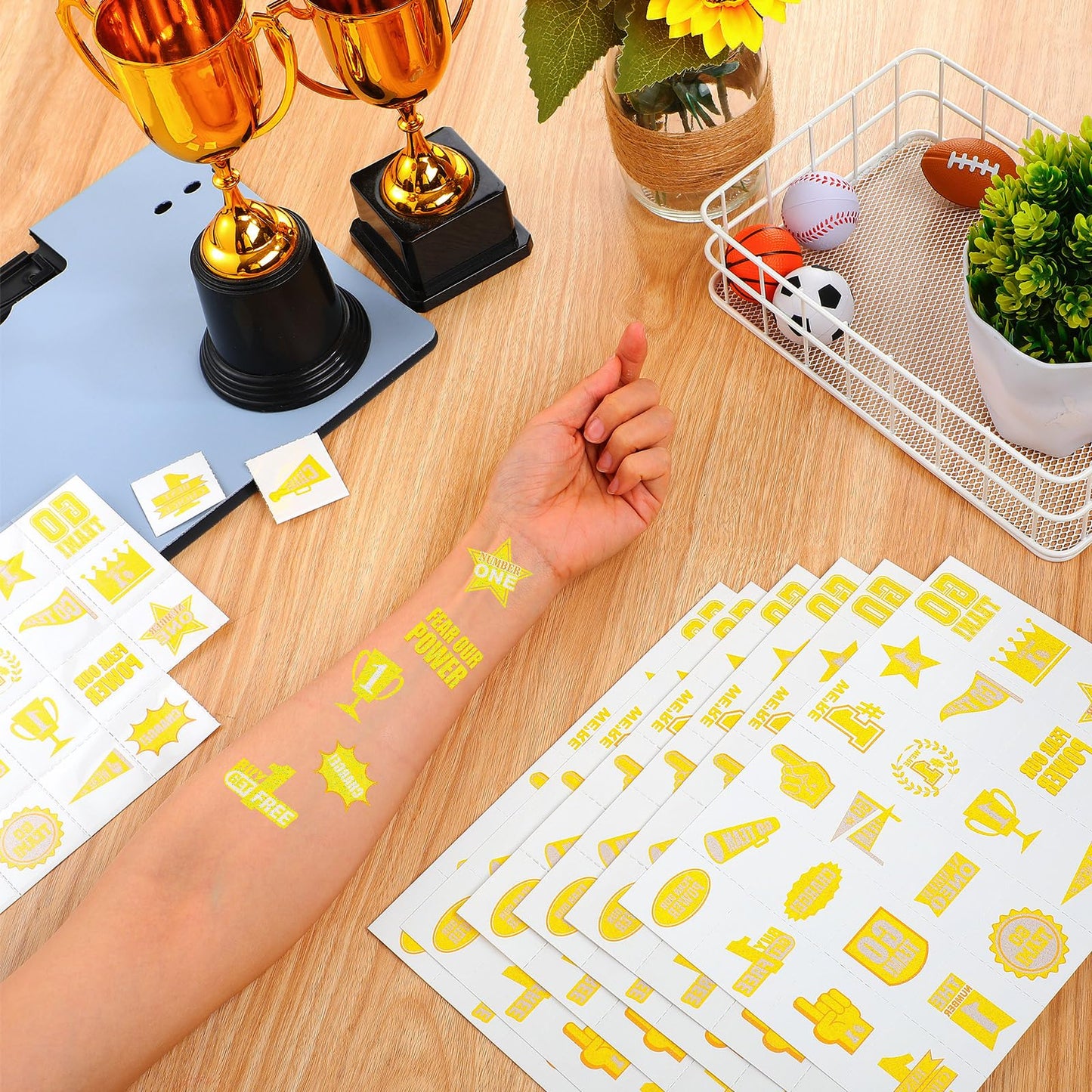 Landhoow 240 Pcs Yellow Team Spirit Tattoos Temporary Glitter Go Team Tattoos Football Temporary Stickers Party Costume Accessor
