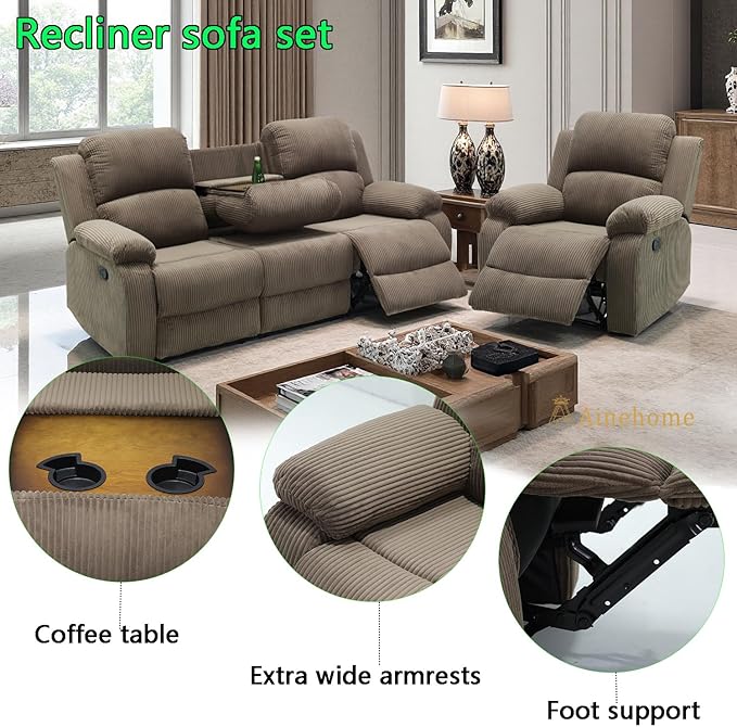 A Ainehome Corduroy Sofa Sets, Living Room Furniture Sets with Storage, Manual Recliner Couches Set, Reclining Sofa Couch and Chair Furniture Set for Living Room/Rv/House/Office, Taupe