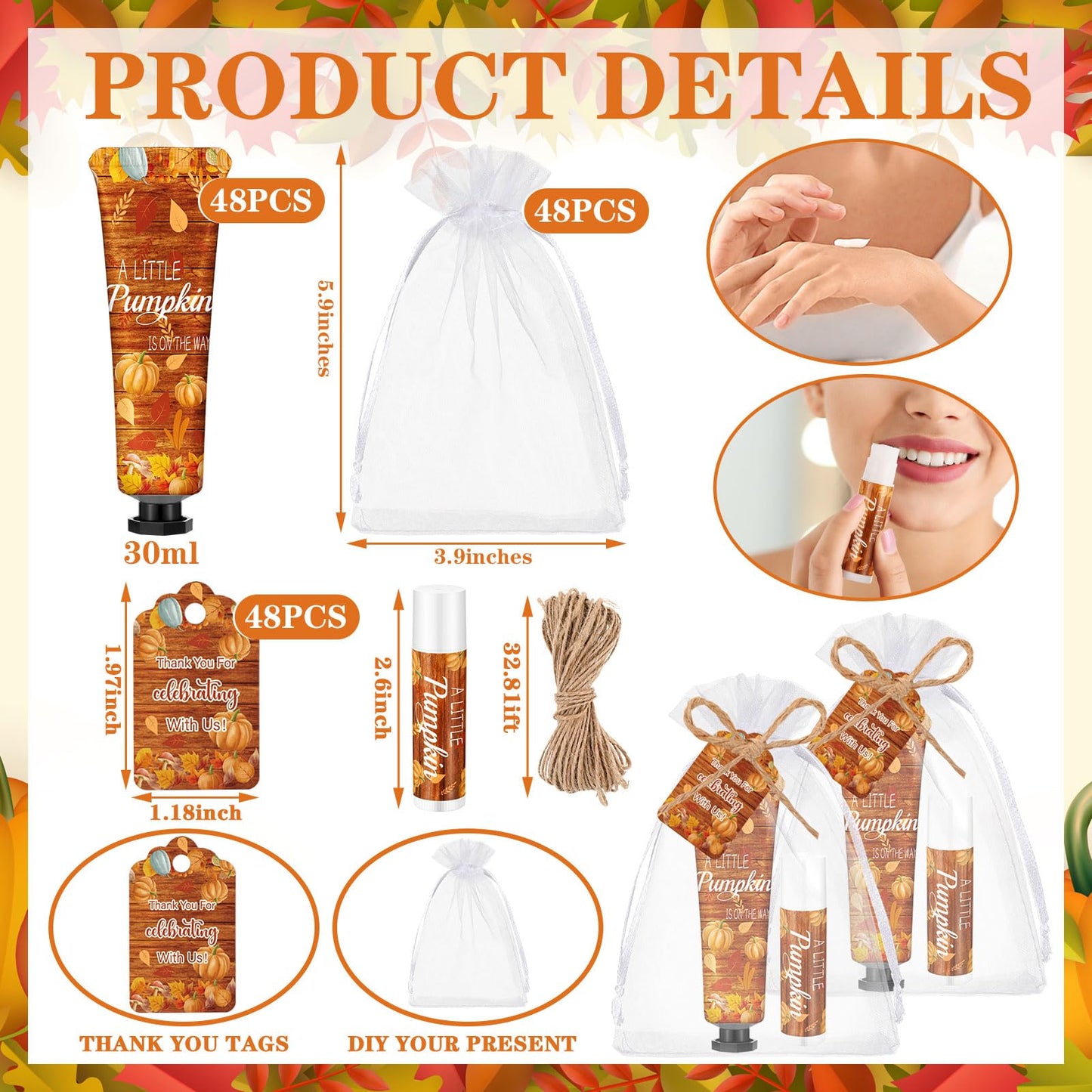 Swiffen 48 Sets 192 Pcs Pumpkin Baby Shower Hand Cream and Lip Balm Gift a Little Pumpkin Is on the Way Favors Travel Size Hand
