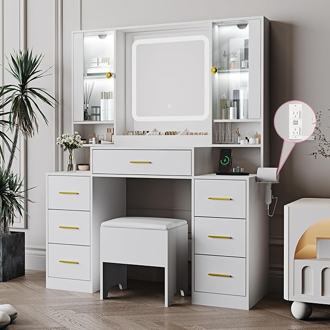 Makeup Vanity with LED Light Strip Mirror and Chair, 7 Drawers & 2 RGB Cabinets White Vanity Makeup Desk with Power Strip, Adjustable LED Lighting, and Cushioned Stool for Women, Girls, Teens