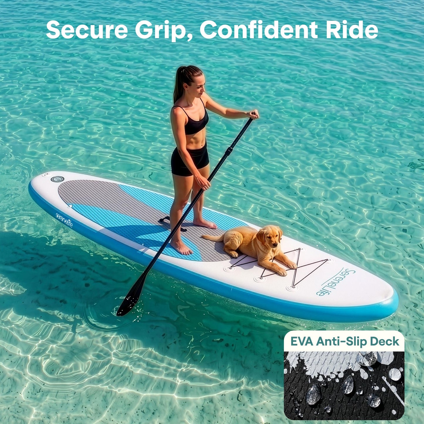 SereneLife Inflatable Stand Up Paddle Board - Wide Stable Design, Non-Slip Deck for Adults & Youth with Premium Paddle Board Accessories: Carry Bag, Dual Action Pump, Paddle, Ankle Leash - 10'