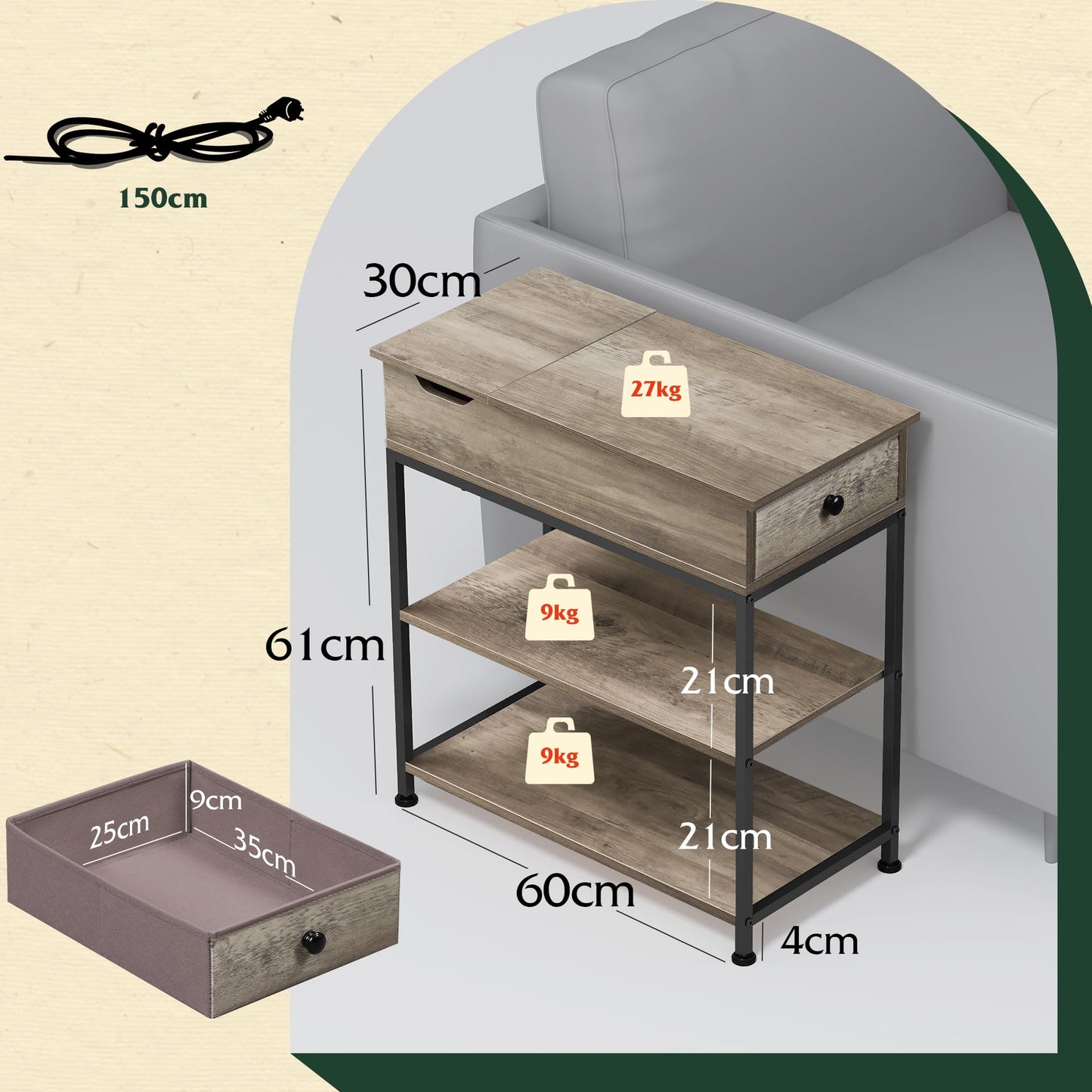 WLIVE Side Table, Narrow Side Table with Charging Station, 2 USB & AC Outlets, Space-Saving End Table for Living Room, Sofa Bedside Table with Fabric Drawer, Grey Oak