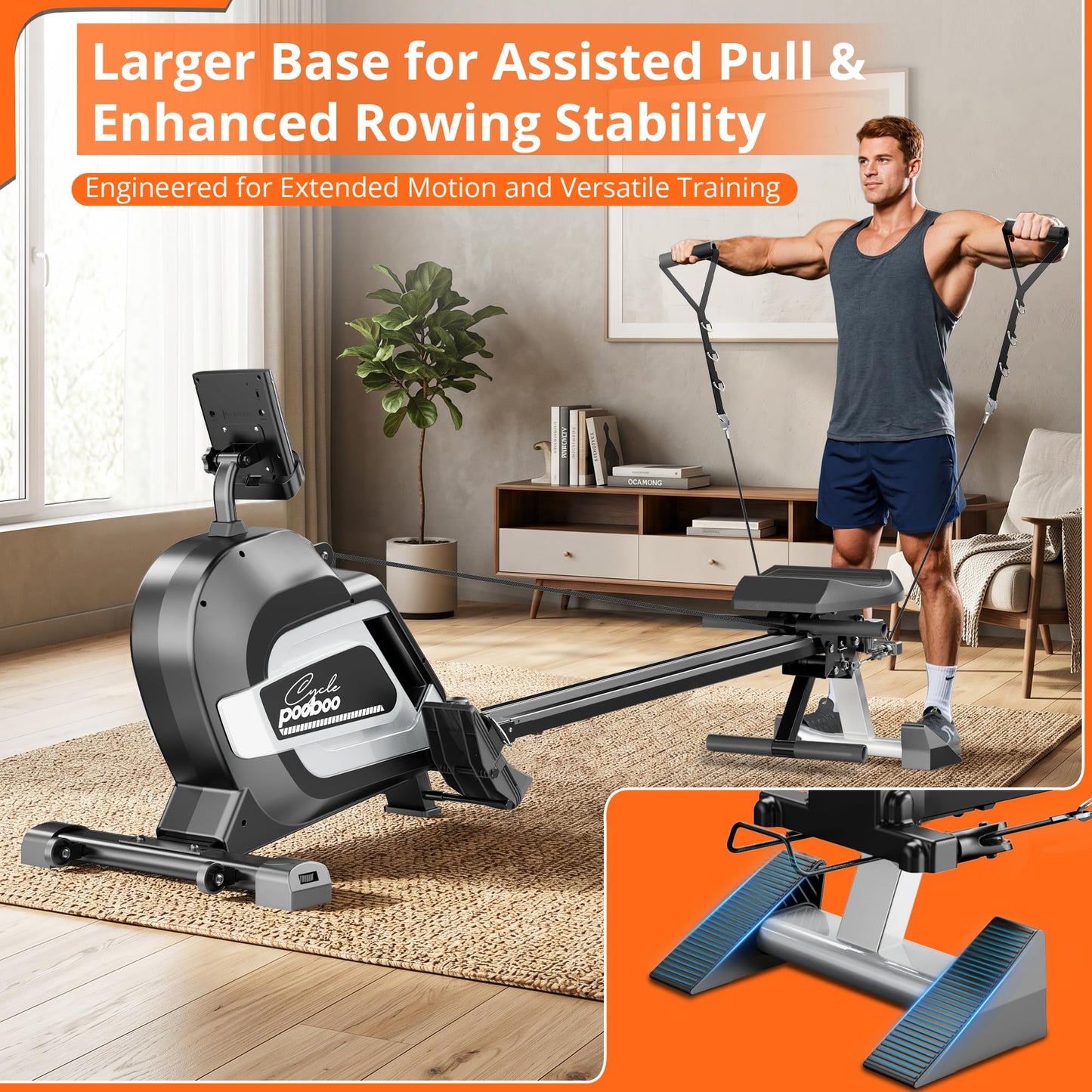 pooboo Rowing Machines for Home, Magnetic Rowing Machine with Adjustable Resistance, Folding Rower Machine of Quiet, 350lbs Weight Capacity, Comfortable Seat Cushion, LCD Monitor, App Support