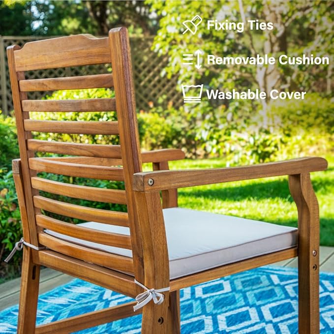 PHI VILLA 6 Pieces Acacia Wood Outdoor Dining Chairs with Cushions, Patio Wooden Armchairs Set of 6, Natural Teak Dining Chairs for Deck, Yard, Porch