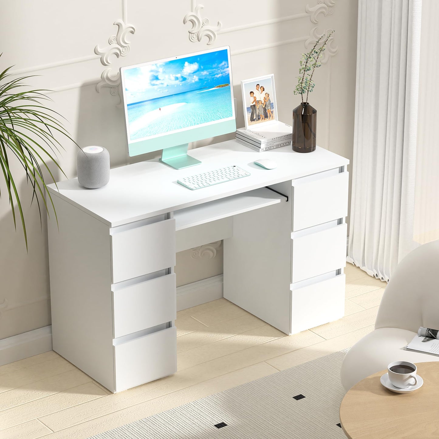 Furniwood White Desk with Drawers Computer Desk for Bedroom, Home Office Table with Storage, 47 Inch Writing Wood Desks Executive Desks, Workbench Study Counter Small Gaming Table, White