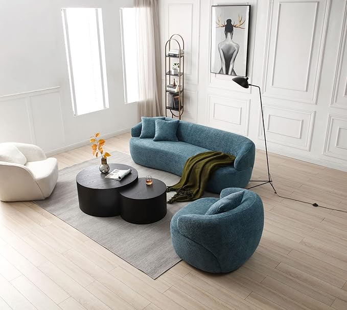 KEIKI 87" Curved Oversized Boucle Cloud Sofa with Thickened Seat Cushions and Backrest, Modern 3-Seater Upholstered Corner Fluffy Couch, No Assembly Required, for Apartment, Living Room, Light Blue