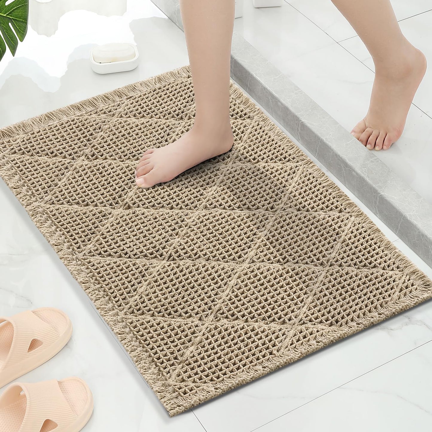 Flamingo P Waffle Bath Mat, 24x17 Inch, Boho Shower Rug Water Absorbent Waffle Knit Bathroom Rug Non Slip Machine Washable Bath Rugs for Bathroom Floor Mats Doormat, Taupe