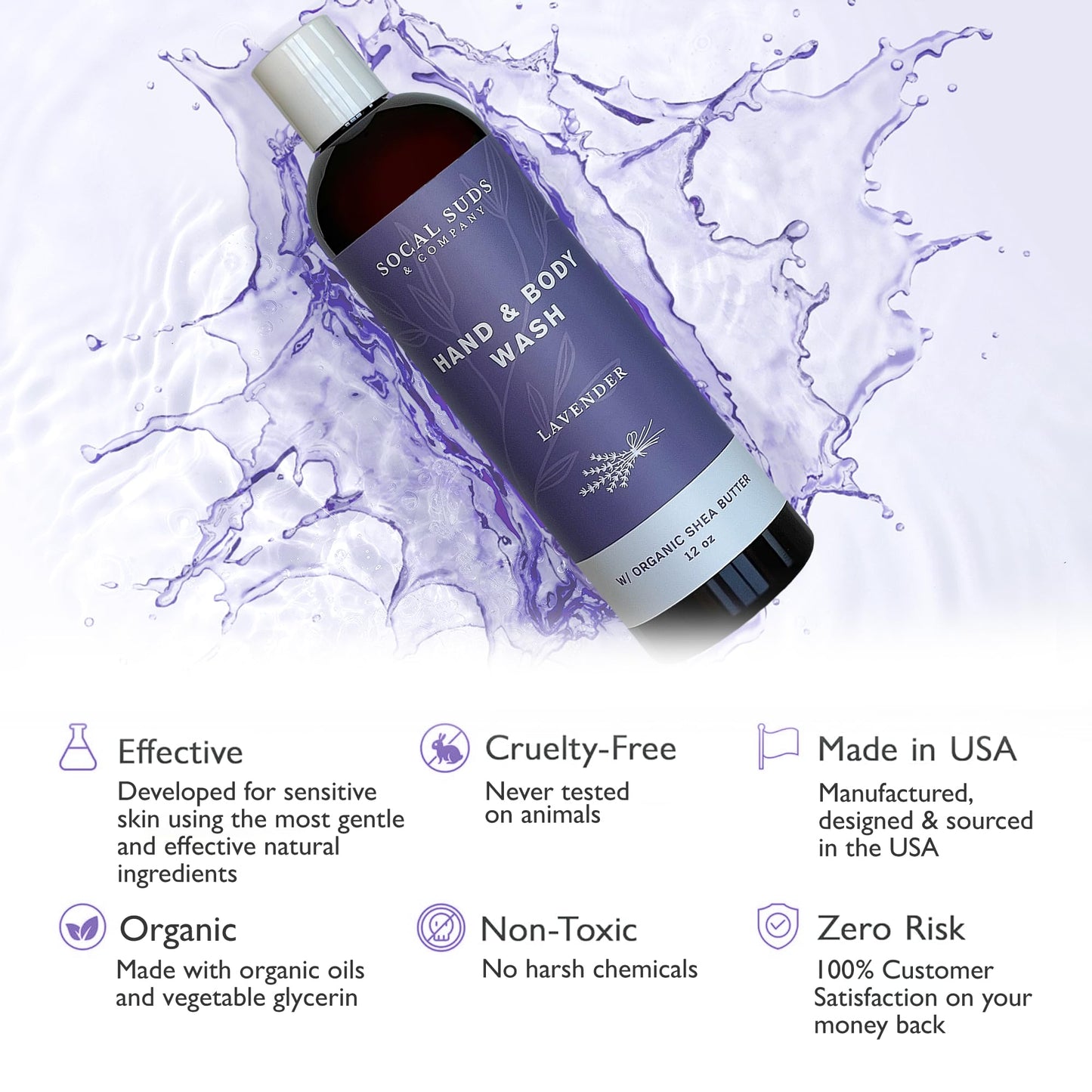 SoCal Suds & Company Organic Shea Butter Body Wash - Lavender Liquid Soap for Hand & Body, Moisturizing Shower Gel, Daily Body W