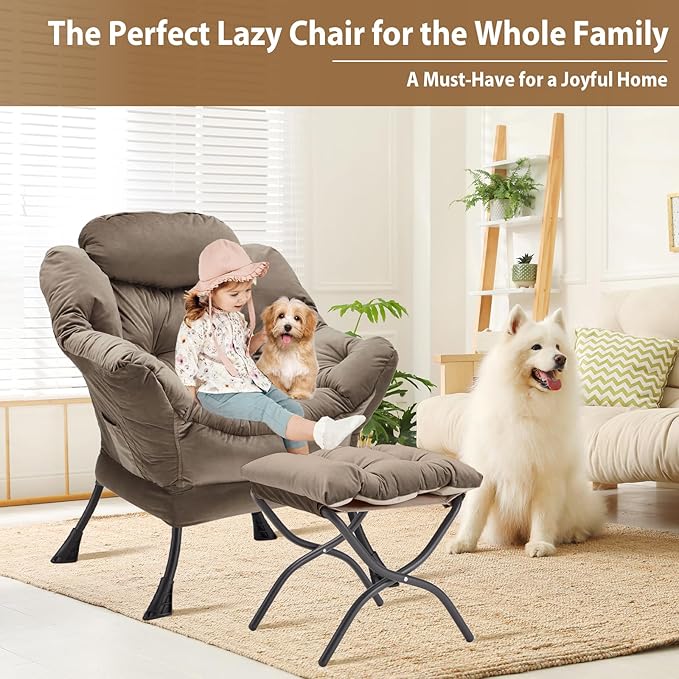 Youtanic Lazy Chair with Folding Ottoman, Accent Chair Velvet Upholstered with Metal Structure and Non-Slip Pads, Sofa Armchair with Footrest and Side Storage Bag for Dorm, Room, Office, Dark Gray