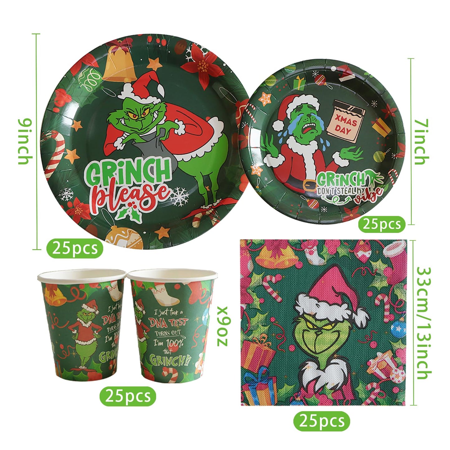 sparkepic 100 Pc Christmas Tableware Set: Green Holiday Characters, Disposable Dinnerware, 50 Plates, 25 Napkins, 25 Cups for Xmas Party Supplies and Decorations.