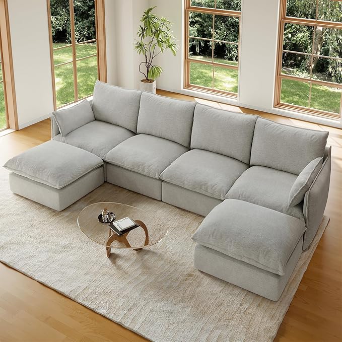 Forest aesthetics Waterproof Sectional Couches,6 Seater High Backrest U Shape Modular Sofas Sectional,Down Filled Couch,Cushion Covers Removable Sofas for Living Room