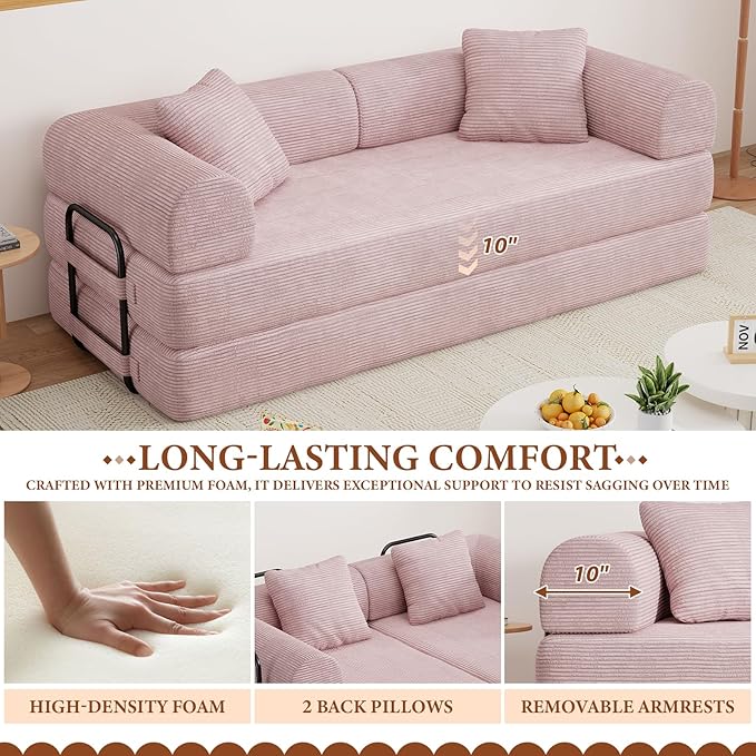 77" Convertible Sofa Bed, Modular Folding Futon Corduroy Floor Foam Compressed Loveseat Sleeper Sofa Couch, Pull Out Queen Size Couch Bed with 2 Pillows for Living Room Guest Room Studio, Pink