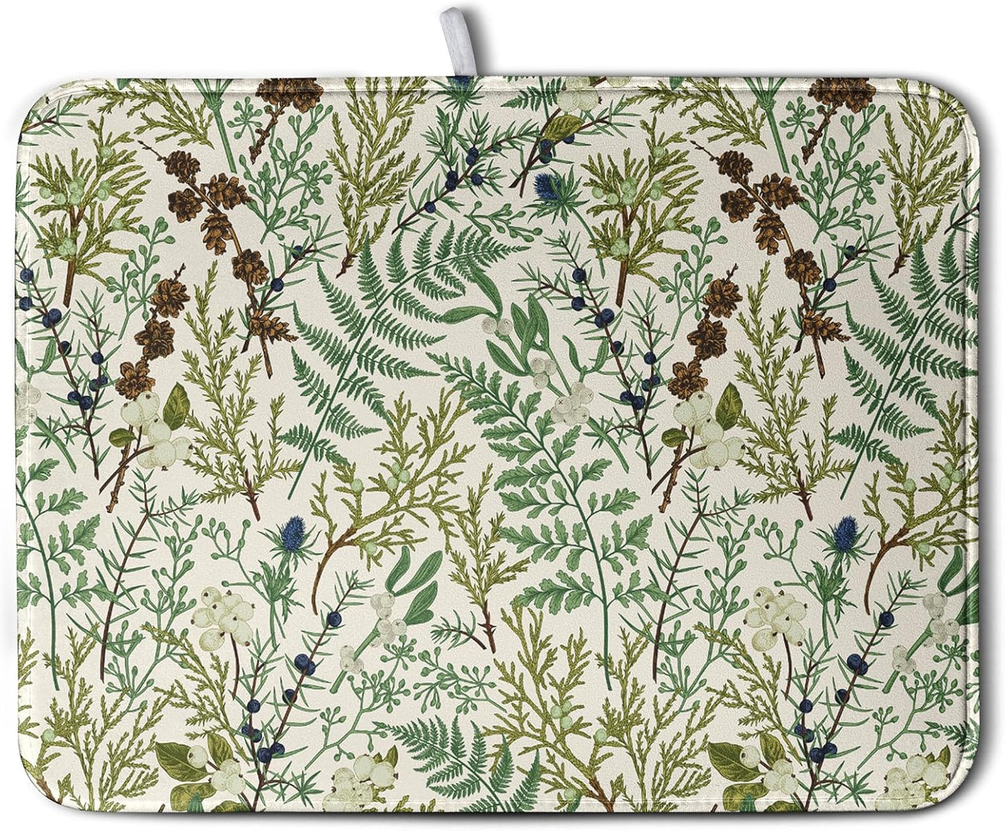 Sage Green Botanical Floral Dish Drying Mat for Kitchen Counter Vintage Herbs Fern Leaves Plant Drying Mats Absorbent Microfiber Dishes Drainer Mats Washable Dish Draining Pad Extra Large 18"x24"