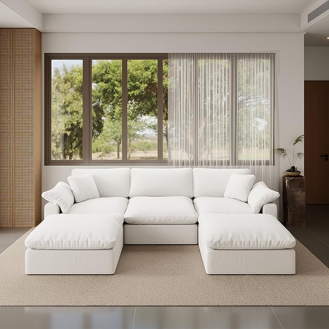 Forest aesthetics Modular Sectional Sofa,Extra Comfty Deep-Seat-Filled Couch,White 5 Seat U Shape Sofas with Movable Ottoman,Modern Couches for Living Room, Apartment,Office,Small Space