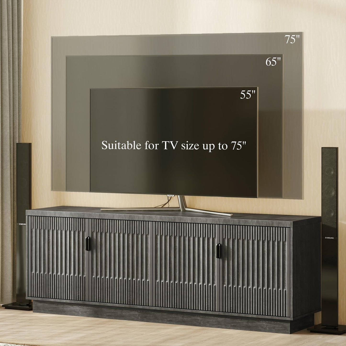 Farmhouse TV Stand for Television Up to 75 Inches, 4 Fluted Doors Rustic Entertainment Center with Storage & Adjustable Shelves, Mid Century Modern Wood TV Consoles for Living Room Bedroom, Black