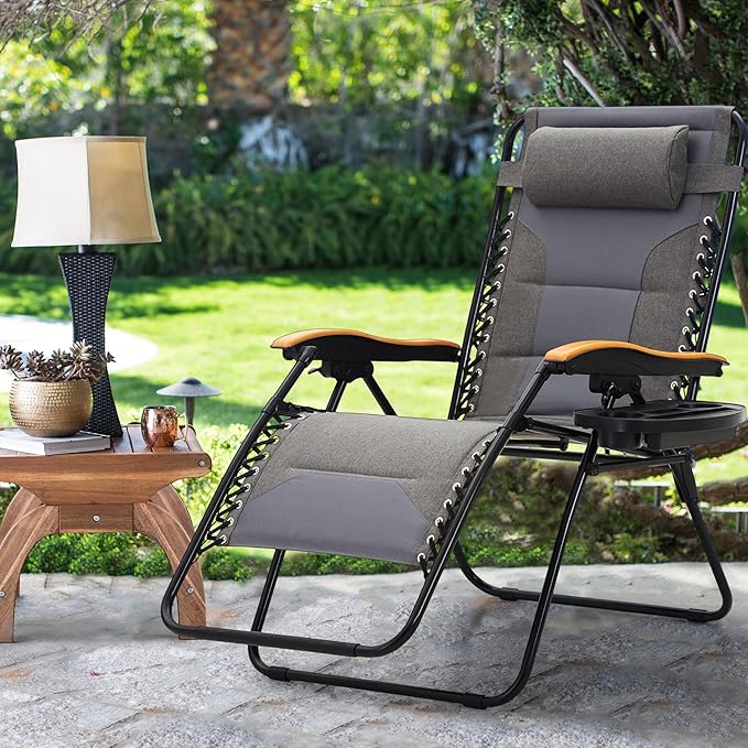 MAISON ARTS Oversized XXL Zero Gravity Chair, 30" Wide Seat Padded Foldable Recliner, Anti Gravity Outdoor Lawn Chair for Poolside/Backyard/Beach, Supports 400lbs, Light Grey