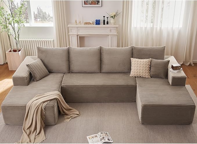 Sectional Cloud Couch for Living Room, Modular Floor Deep-Seat Sofa, Big Comfy Corduroy Couches Set with Fluffy Memory Foam, Stupendous U Shaped Sofas, No Assembly Required, Camel