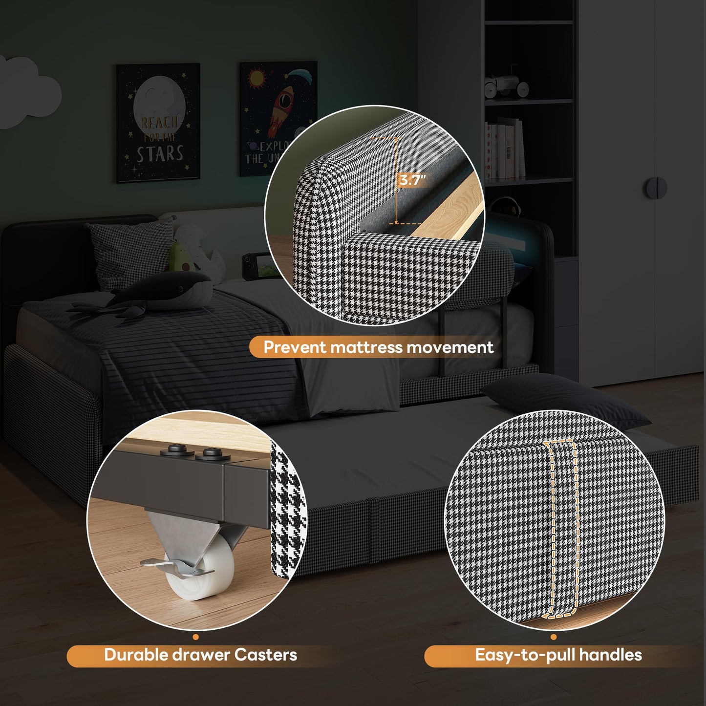 LIKIMIO Daybed with Trundle, Twin Day Bed Frame with Upholstered Guardrail, Charging Station & LED, Sofa Bed with Strong Supports, for Bedroom, Living Room, PU Leather