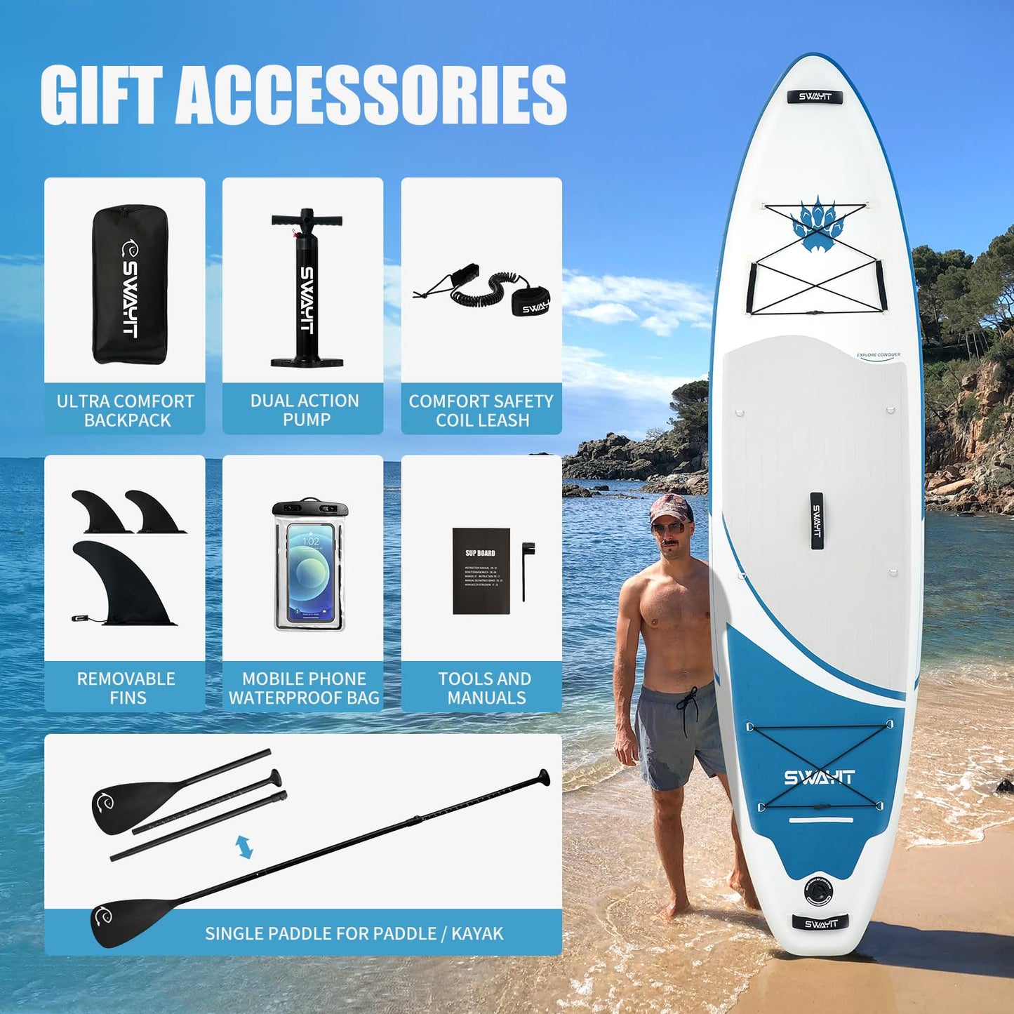 Durable Inflatable Paddle Board for Men –Swayit Heavy-Duty Blow Up SUP with Paddle, Pump, Leash & Bag, Stable Stand Up Paddle Board for Adults & Teens (Bear Claw Blue)