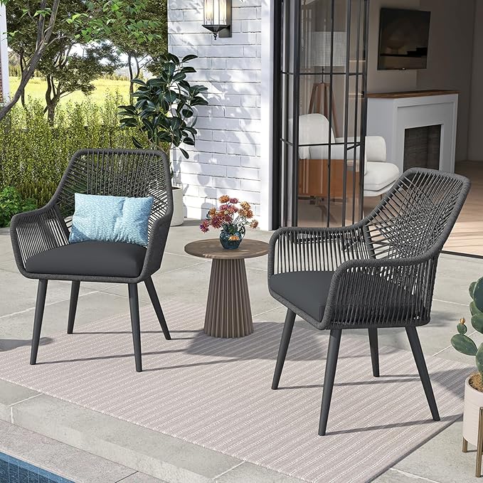 Patiorama Patio Dining Chair Set of 2,Woven Rope Outdoor Dining Chairs w/Steel Frame,All-Weather Twisted Rattan Chairs w/Armrest & Cushion,Outdoor Dining Wicker Chairs for Backyard Garden(Dark Grey)