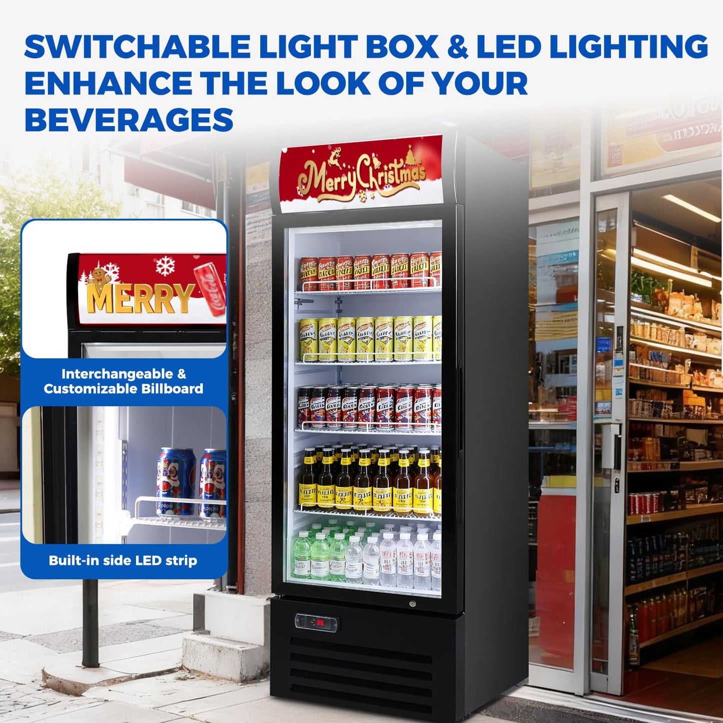 Bluelinecool Commercial Refrigerator Beverage Cooler, 12.5 Cu.Ft Display Refrigerator with Glass Door, Drink Fridge with Led Light, 4 Adjustable Shelves, Merchandiser Refrigerator for Beer, Bar, Shop
