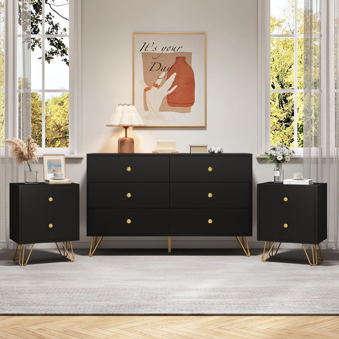 Tradare 6 Drawer Dresser and Nightstand Set of 2, Modern Black and Gold Dresser Set with Golden Handles, 2-Drawer Nightstand & 6-Drawer Chest of Drawers