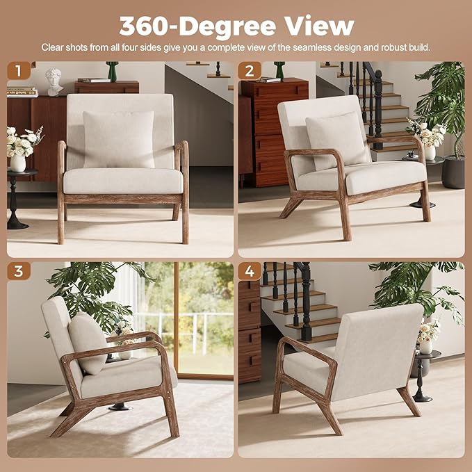 ELUCHANG Mid-Century Modern Chair,Accent Chair with Lumbar Pillow,Upholstered Armchair,Linen Fabric Comfy Reading Chair Beige, Linen, New Armrest, Set of 2